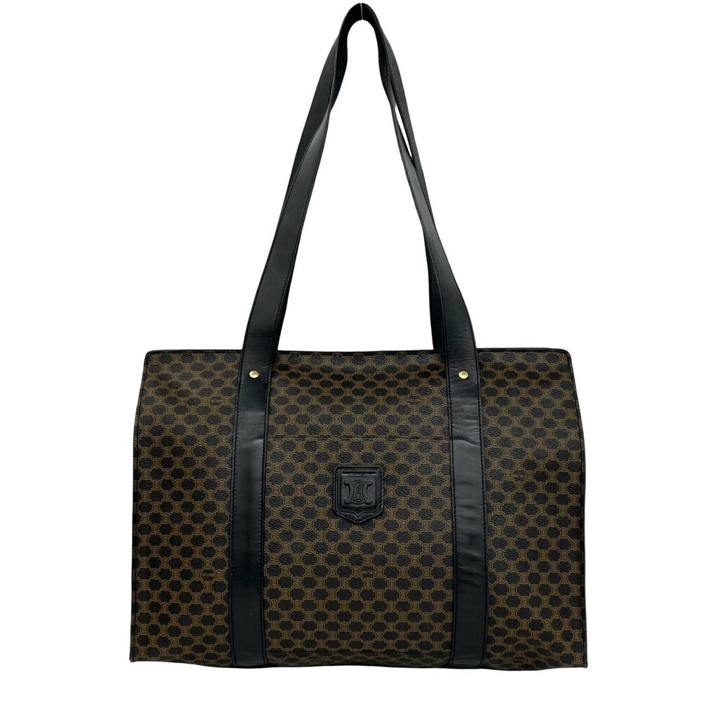CELINE Vintage Macadam Blazon Pattern Leather Tote Bag Handbag Brown Black 29973